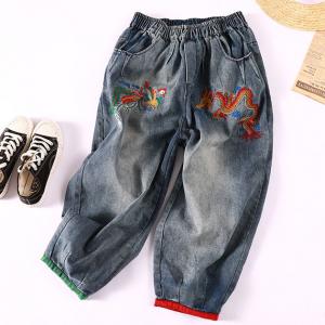 Phoenix and Dragon Embroidered Jeans Women Baggy Embellish Jeans