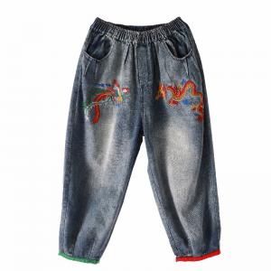 Phoenix and Dragon Embroidered Jeans Women Baggy Embellish Jeans