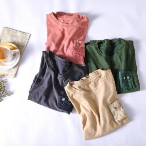 Chest Pocket Loose Embroidered Tshirt Short Sleeve Cotton Linen Tee