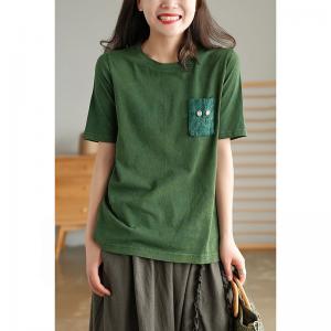 Chest Pocket Loose Embroidered Tshirt Short Sleeve Cotton Linen Tee