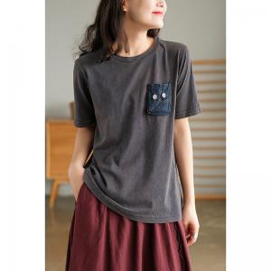 Chest Pocket Loose Embroidered Tshirt Short Sleeve Cotton Linen Tee