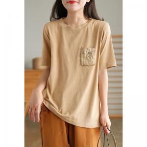 Chest Pocket Loose Embroidered Tshirt Short Sleeve Cotton Linen Tee