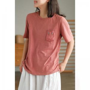 Chest Pocket Loose Embroidered Tshirt Short Sleeve Cotton Linen Tee