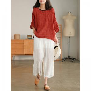 Solid Colors Bat Sleeve Large T-shirt Pleated Linen Resort Wear