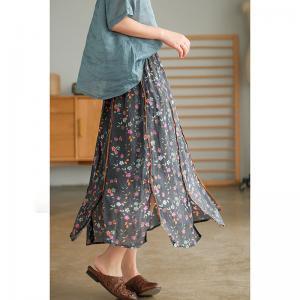 Beautiful Ramie Floral Maxi Skirts Slits Decoration Flare Skirt