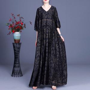 High-Waist Graphic Prints Modest Dress V-Neck Loose Maxi Dress