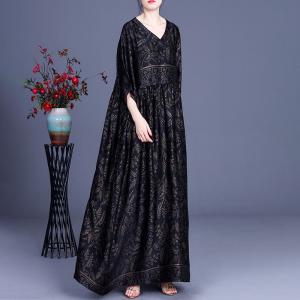 High-Waist Graphic Prints Modest Dress V-Neck Loose Maxi Dress