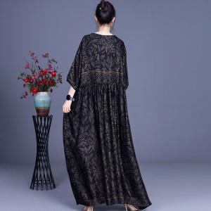 High-Waist Graphic Prints Modest Dress V-Neck Loose Maxi Dress