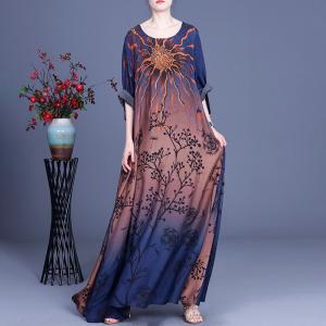 Artistic Sun Prints Maxi Elegant Dress Bicolored Silk Church Dress