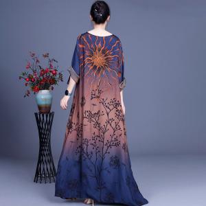 Artistic Sun Prints Maxi Elegant Dress Bicolored Silk Church Dress