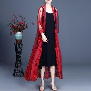 Gauze Embroidered Cardigan Long Sheer Outerwear for Women