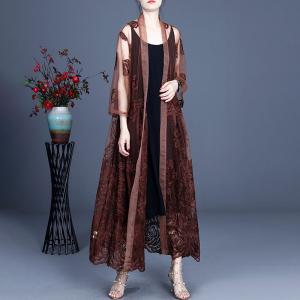 Gauze Embroidered Cardigan Long Sheer Outerwear for Women