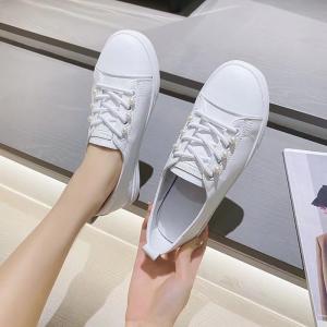 Pearl Decoration White Sneakers Womens Cowhide Low-Top Footwear