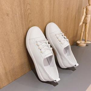 Pearl Decoration White Sneakers Womens Cowhide Low-Top Footwear