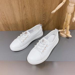 Pearl Decoration White Sneakers Womens Cowhide Low-Top Footwear