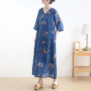 V-Neck Ethnic Printed Chinese Dress Loose Ramie Casual Wrap Dress
