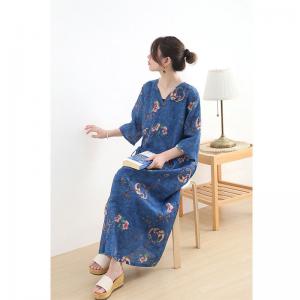 V-Neck Ethnic Printed Chinese Dress Loose Ramie Casual Wrap Dress