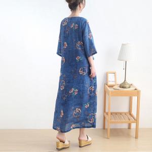 V-Neck Ethnic Printed Chinese Dress Loose Ramie Casual Wrap Dress