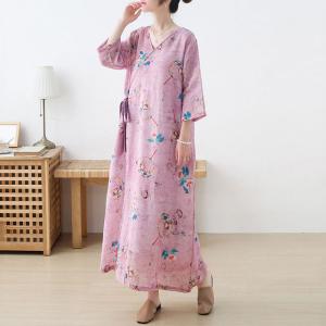 V-Neck Ethnic Printed Chinese Dress Loose Ramie Casual Wrap Dress