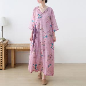 V-Neck Ethnic Printed Chinese Dress Loose Ramie Casual Wrap Dress