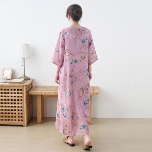 V-Neck Ethnic Printed Chinese Dress Loose Ramie Casual Wrap Dress