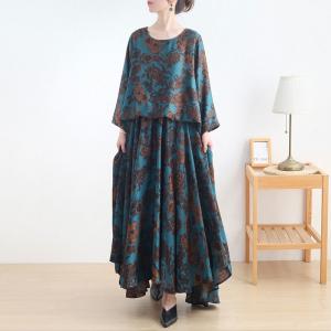 Long Sleeves Asymmetrical Blouson Dress Printed Blue Ruffle Maxi Dress