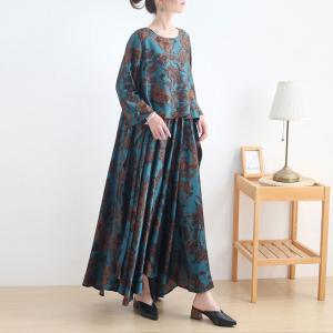 Long Sleeves Asymmetrical Blouson Dress Printed Blue Ruffle Maxi Dress