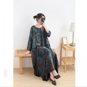 Long Sleeves Asymmetrical Blouson Dress Printed Blue Ruffle Maxi Dress