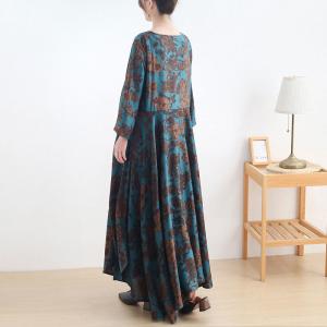 Long Sleeves Asymmetrical Blouson Dress Printed Blue Ruffle Maxi Dress