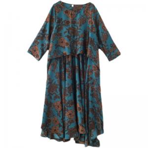 Long Sleeves Asymmetrical Blouson Dress Printed Blue Ruffle Maxi Dress