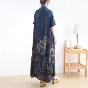 Mandarin Collar Blue Cheongsam Peony Loose Chinese Qipao