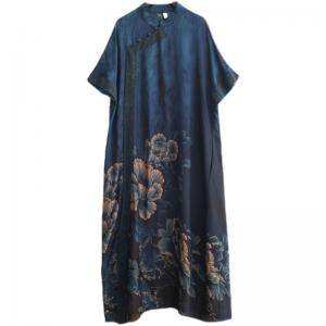 Mandarin Collar Blue Cheongsam Peony Loose Chinese Qipao