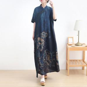 Mandarin Collar Blue Cheongsam Peony Loose Chinese Qipao