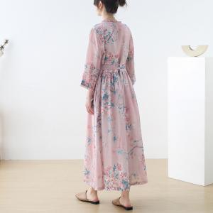 Peach Blossom Ramie Tied Dress High-Waisted Pink Cruise Dress