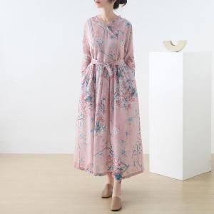 Peach Blossom Ramie Tied Dress High-Waisted Pink Cruise Dress