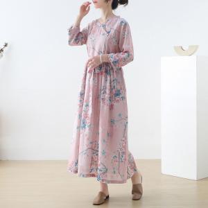 Peach Blossom Ramie Tied Dress High-Waisted Pink Cruise Dress