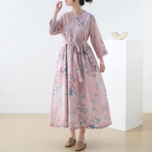 Peach Blossom Ramie Tied Dress High-Waisted Pink Cruise Dress