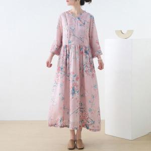 Peach Blossom Ramie Tied Dress High-Waisted Pink Cruise Dress