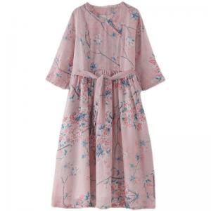 Peach Blossom Ramie Tied Dress High-Waisted Pink Cruise Dress