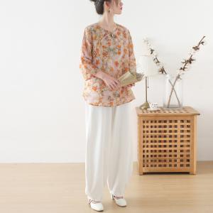 Orange Flowers Long Sleeve Ramie Clothes Chinese Buttons Resort Wear