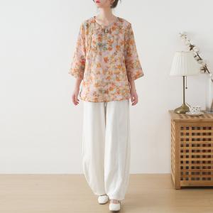 Orange Flowers Long Sleeve Ramie Clothes Chinese Buttons Resort Wear