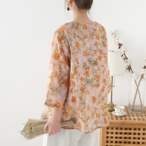 Orange Flowers Long Sleeve Ramie Clothes Chinese Buttons Resort Wear