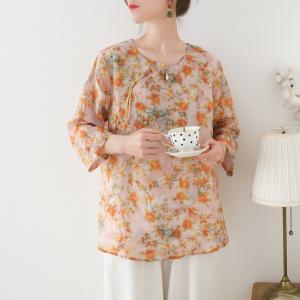 Orange Flowers Long Sleeve Ramie Clothes Chinese Buttons Resort Wear