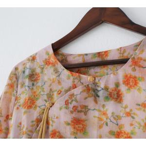 Orange Flowers Long Sleeve Ramie Clothes Chinese Buttons Resort Wear