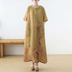 Embroidered Collar Yellow Cheongsam Dress Ramie Slits Chinese Dress