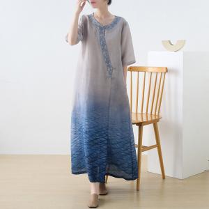 Embroidered Collar Yellow Cheongsam Dress Ramie Slits Chinese Dress