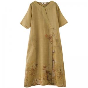 Embroidered Collar Yellow Cheongsam Dress Ramie Slits Chinese Dress