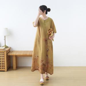 Embroidered Collar Yellow Cheongsam Dress Ramie Slits Chinese Dress