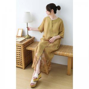 Embroidered Collar Yellow Cheongsam Dress Ramie Slits Chinese Dress