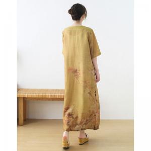 Embroidered Collar Yellow Cheongsam Dress Ramie Slits Chinese Dress